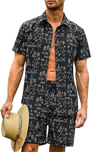 Men's Black Aztec Print Short Sleeve Summer Shorts Set