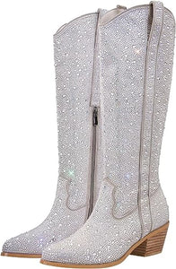 Rhinestone Knee High Sequin Mid-silver Cowboy Boots