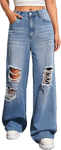 Blue Denim Ripped Loose Fit Wide Leg Jeans