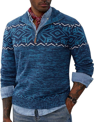 Men's Quarter Zip Blue Long Sleeve Cable Knit Sweater