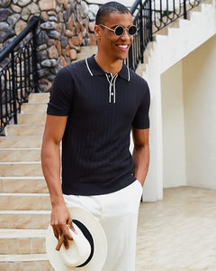 Men's Knit Collar Short Sleeve Striped Black Shirt