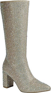 Pointed Rhinestone Sequin Red Knee High Boots
