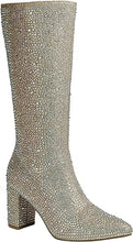 Load image into Gallery viewer, Pointed Rhinestone Sequin Champagne Knee High Boots