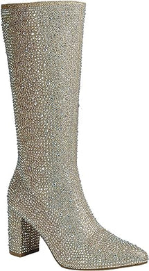 Pointed Rhinestone Sequin Champagne Knee High Boots