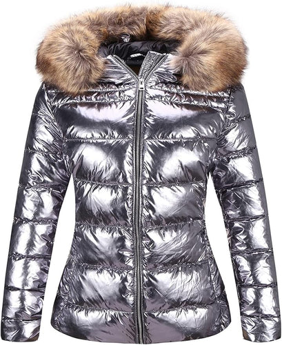 Metallic Silver Faux Fur Hooded Long Sleeve Puffer Coat