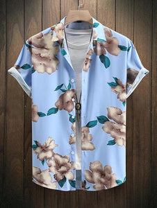 Men's Summer Floral Printed Short Sleeve A-light Blue Shirt
