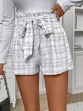 Load image into Gallery viewer, White Plaid Ruffled High Waist Belted Shorts