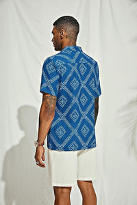 Men's Printed Button Up Short Sleeve Summer Royal Blue Shirt
