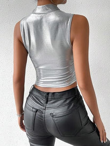 Silver Metallic Cross Draped Sleeveless Top