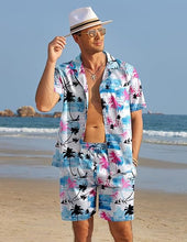 Load image into Gallery viewer, Men&#39;s Black/White Print Summer Button Up Shorts &amp; Shirt Set