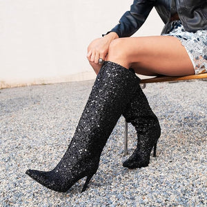 Black Sequin Sparkle Glitter Stiletto Boots