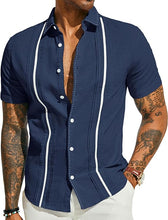 Load image into Gallery viewer, Men&#39;s Cuban Style Striped Short Sleeve Royal Blue Shirt