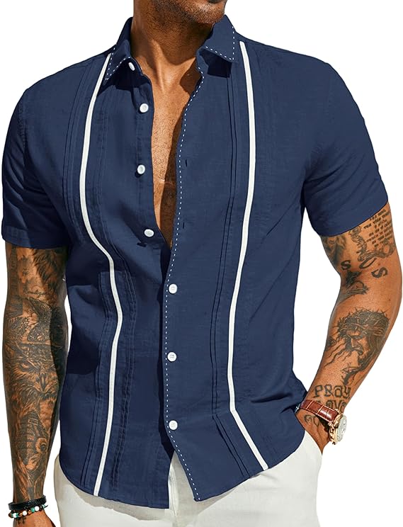 Men's Cuban Style Striped Short Sleeve Royal Blue Shirt