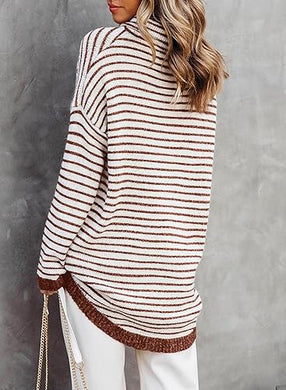Brown & Beige Striped Oversized Turtleneck Sweater