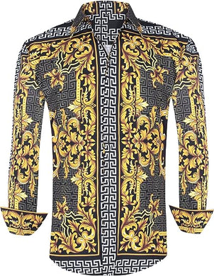 Men's Fashion Luxury Printed Gold Paisley Long Sleeve Shirt