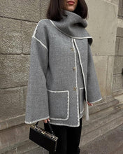 Load image into Gallery viewer, Trendy Wool Dark Grey Embroidered Scarf Style Trench Coat Jacket