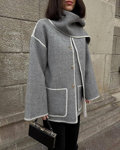 Trendy Wool Dark Grey Embroidered Scarf Style Trench Coat Jacket