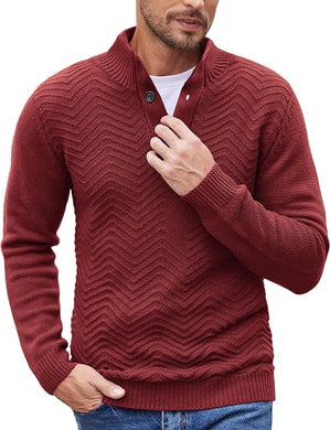 Men's Red Quarter Button Long Sleeve Sweater