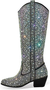 Rhinestone Knee High Sequin Mid-silver Cowboy Boots