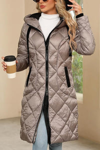 Windproof Black Thick Diamond Quilted Long Sleeve Hooded Winter Coat