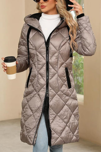 Windproof Champagne Thick Diamond Quilted Long Sleeve Hooded Winter Coat