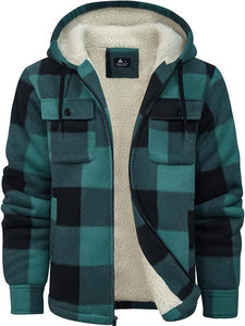 Men's Sherpa Green/White Lined Zip Up Hooded Long Sleeve Jacket
