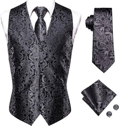 Men's Black/Silver Paisley Sleeveless Formal Vest