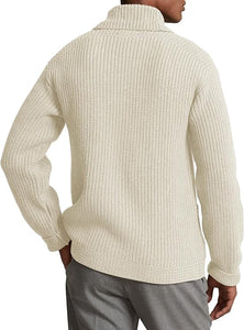 Men's Light Beige Knit Shawl Ribbed Button Knit Long Sleeve Cardigan