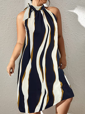 Plus Size Navy Stripe Printed Halter Sleeveless Mini Dress