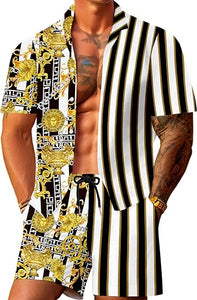 Men's Luxury Printed Gold/White Striped Shirt & Shorts Set