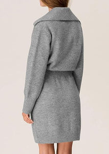 Beautiful Grey Long Sleeve Button Up Sweater Dress