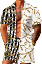 Load image into Gallery viewer, Men&#39;s Luxury Printed Gold Striped Shirt &amp; Shorts Set
