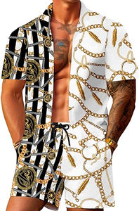 Men's Luxury Printed Gold Striped Shirt & Shorts Set