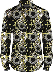Men's Fashion Luxury Printed Black/Gold Flower Long Sleeve Shirt