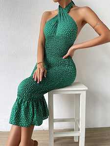 Floral Green Criss Cross Halter Backless Flared Midi Dress