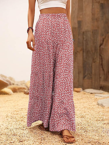 Floral Red High Waist Ruffled Wide Leg Pants