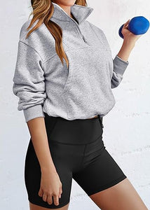 Light Grey Zip Front Long Sleeve Drawstring Pull Over Sweater