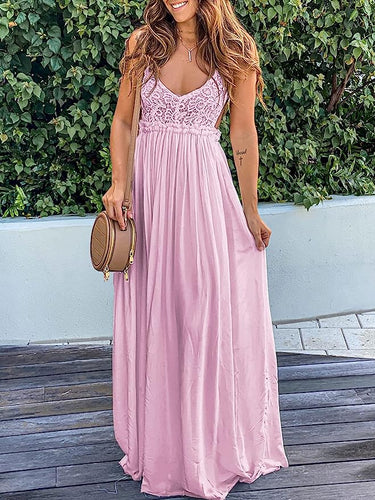 Soft Pink Crochet Lace Chiffon Sleeveless Maxi Dress