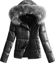 Load image into Gallery viewer, Luxurious Black Hooded Long Sleeve Puffer Faux Fur Hooded Coat