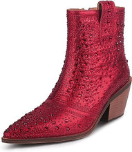 Load image into Gallery viewer, Cowboy Style Rhinestone Sequin Red Ankle Boots