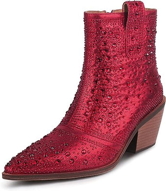 Cowboy Style Rhinestone Sequin Red Ankle Boots