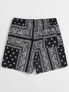 Men's Casual Drawstring Navy Blue Bandana Paisley Print Shorts