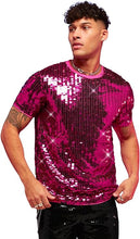 Load image into Gallery viewer, Men&#39;s Berry Pink Mesh Crewneck Sequin Short Sleeve Shirt