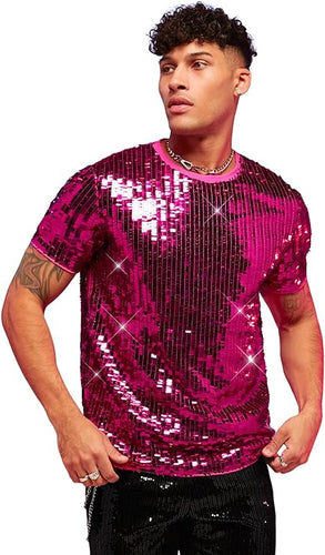 Men's Berry Pink Mesh Crewneck Sequin Short Sleeve Shirt