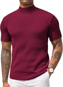 Men's Knit Turtleneck Brown Short Sleeve Sweater