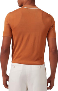 Men's Knit Collar Short Sleeve Striped Caramel Shirt