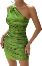 Load image into Gallery viewer, Metallic Lime Green Ruched Mini Dress