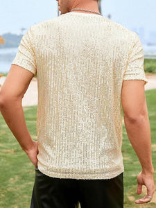 Men's Gold Mesh Crewneck Sequin Short Sleeve Shirt