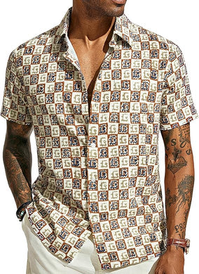 Men's Printed Button Up Short Sleeve Summer Brown Shirt