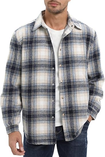 Men's Cotton Grey-Blue Plaid Flannel Long Sleeve Shirt